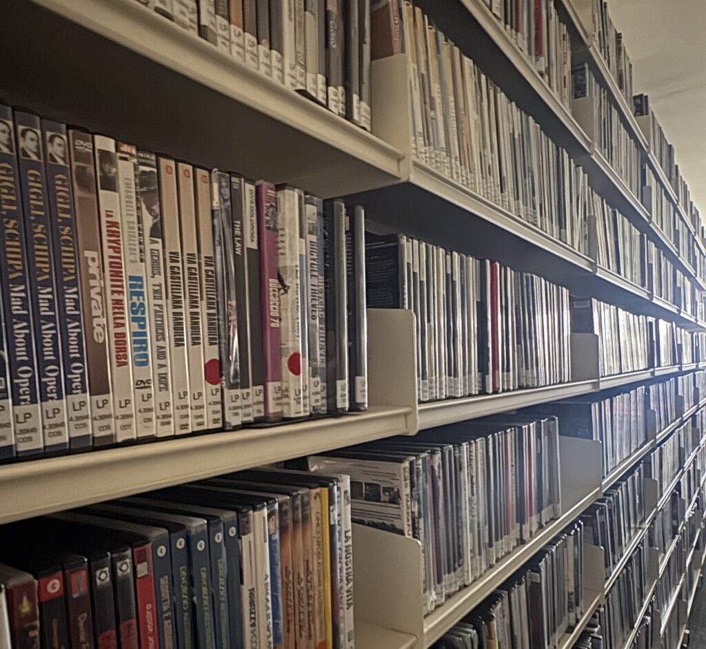 Camera angled along a long set of shelves containing DVDs