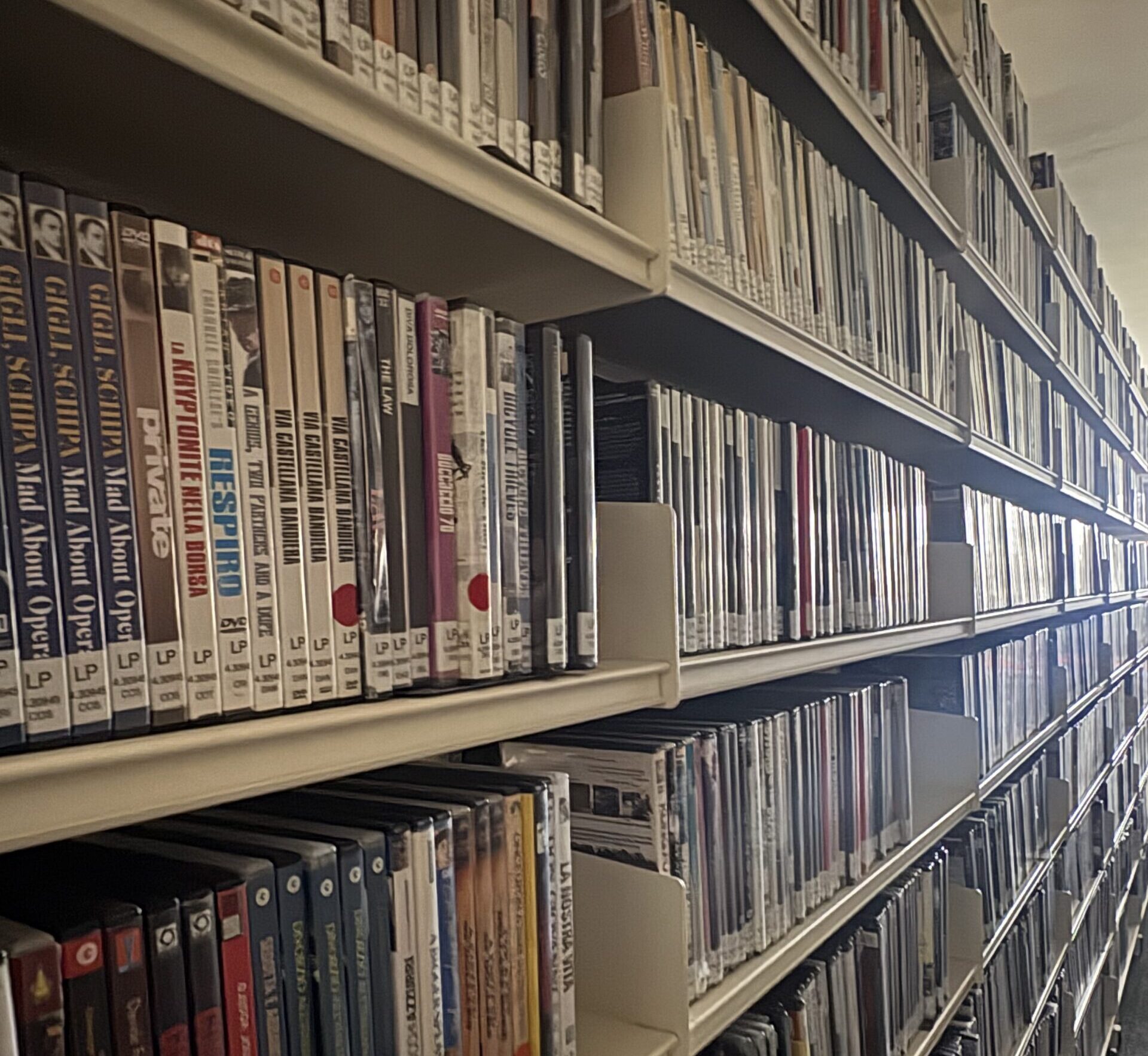 Camera angled along a long set of shelves containing DVDs