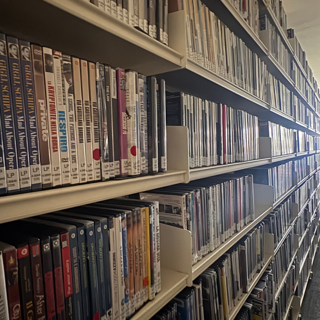 Camera angled along a long set of shelves containing DVDs